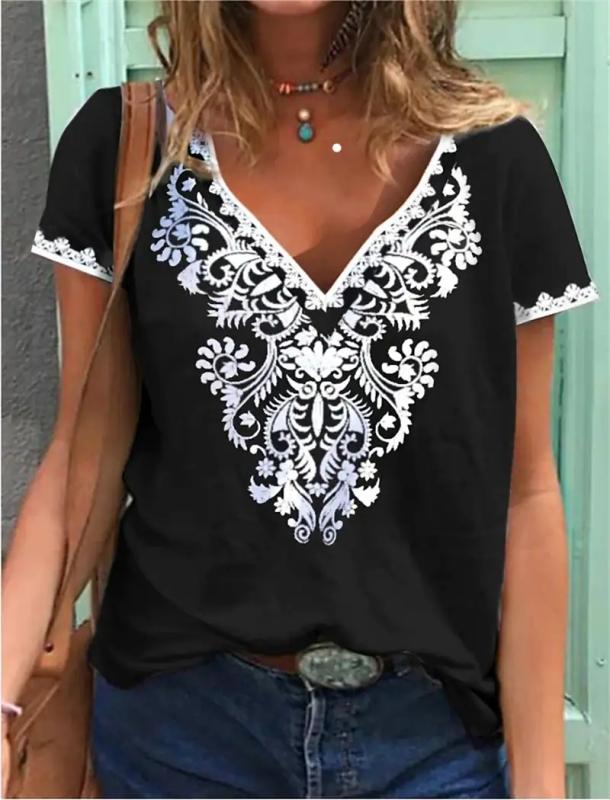 

Свободная футболка, женская летняя мода, женские топы с 3d винтажным принтом и v-образным вырезом и короткими рукавами, футболки, новые женские футболки большого размера Y2k XL