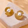 Gold Tone Sunburst Fan Shaped Stud Earrings with Square Pearl