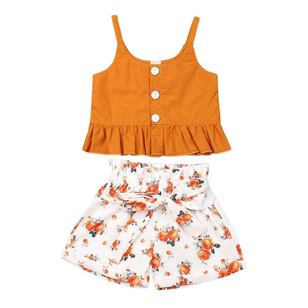 

Elroy 2Pcs Kids Clothes Outfit Girl Printed Shorts Pants Ruffle Top Button Vest