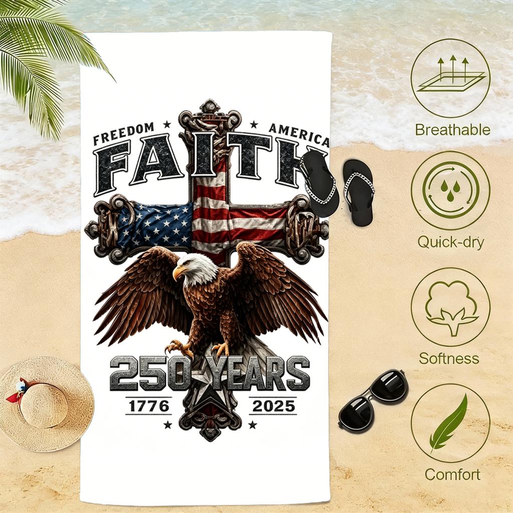 1pc USA 250 Years Faith Cross American Flag Bald Eagle Vintage Patriotic Beach Towel Microfiber Quick Dry Sand-proof Bath Towel