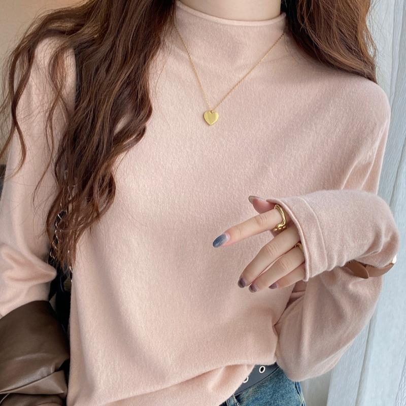 Høst Tynn Underdel Ensfarget Basis Pullover Genser for Kvinner Vinter Langermet Halvhøy Hals Strikkede Gensere Damer Elegant Casual Strikkeplagg 24843