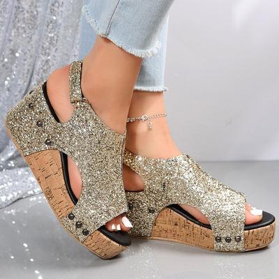 Römersandalen Damen Pailletten Flach Keilabsatz Dicke Sohle Sandalen Damen
