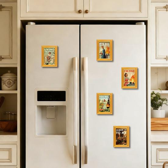 1/5Pcs Vintage Poster Cat Refrigerator Magnet 3D Wooden Retro Painting Frame Fridge Magnet Home Kitchen Office Decoration