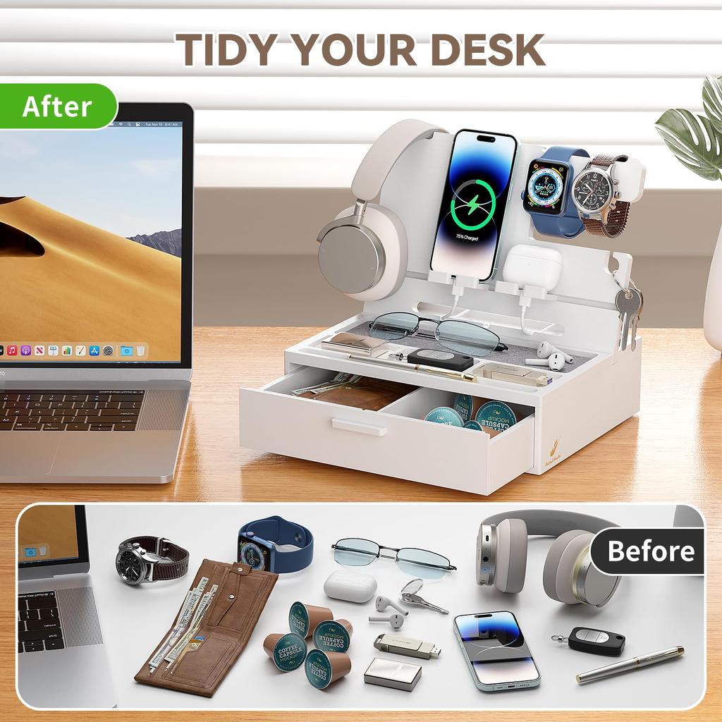 Pezin & Hulin Bamboo Desk Organizer with Smartphone Stand, Multifunctional Desk Storage Box with Drawer, Convenient Gadget Holder, Tablet Holder,