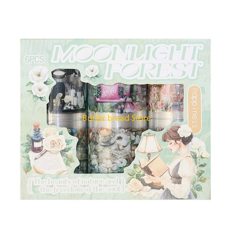 W89C 6Rolls Scrapbooking Decorative Tape 50mmX2M Scenic Sticker Tape for Notebook Journal Photo Album Craft Embellishments