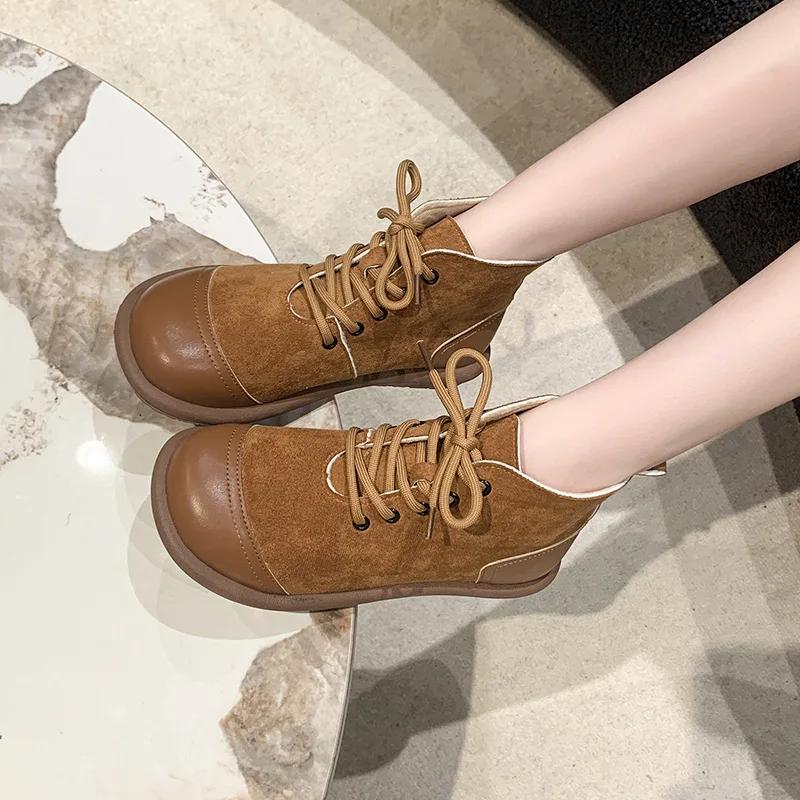 Damskie Botki Jesień/Zima Krótkie Botki Retro Miękka Podeszwa Okrągły Nosek Sznurowane Antypoślizgowe Płaska Podeszwa Zamszowe Patchworkowe Botki na Kostkę