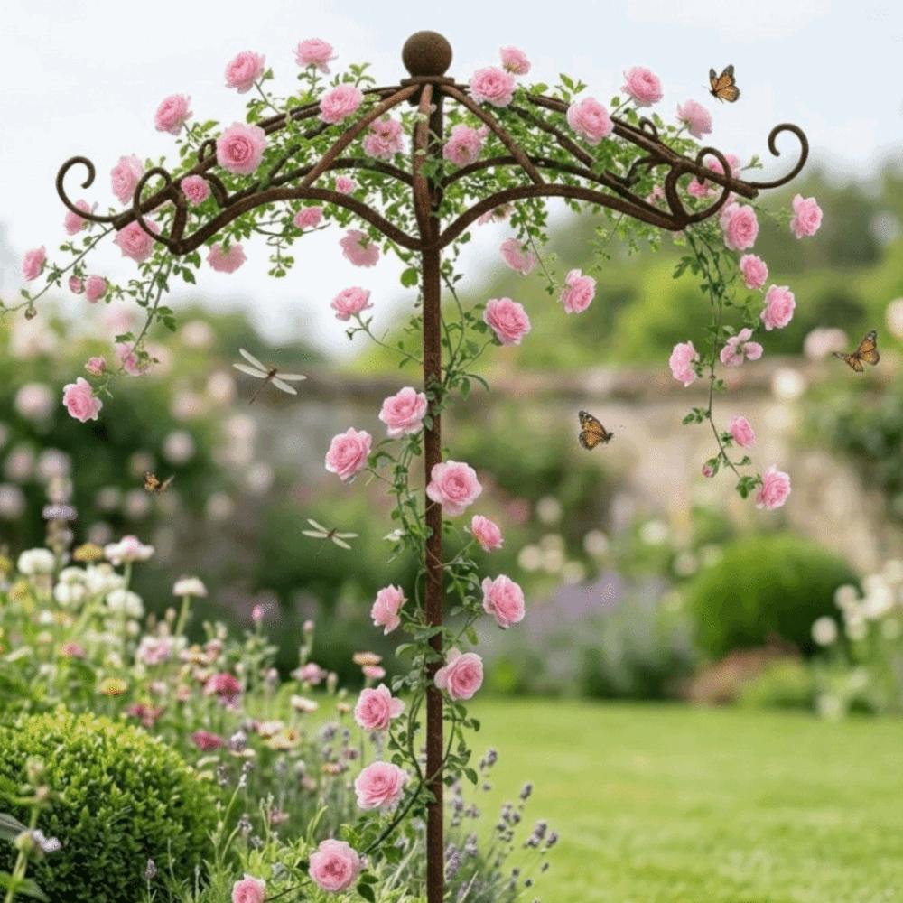 Retro Rusted Umbrella Shape Plant Support Pile Weather-Resistant Prevent Tipping Over Bonsai Fixing Rod Iron Detachable