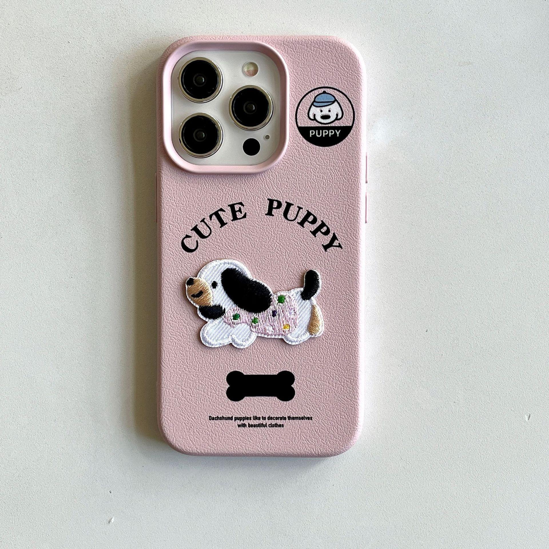 

Leather Three dimensional Embroidered Dachshund Dog Suitable for Apple 15 Promax Cartoon Mobile Phone Case 14 New Model 12 Women 13 Anti Fall Apple 16Pro