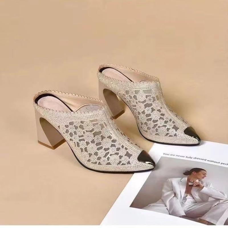 Summer Sandals Women's Thick-heeled Breathable High-heeled Hollow Mesh Rhinestone Pointed Half-drag