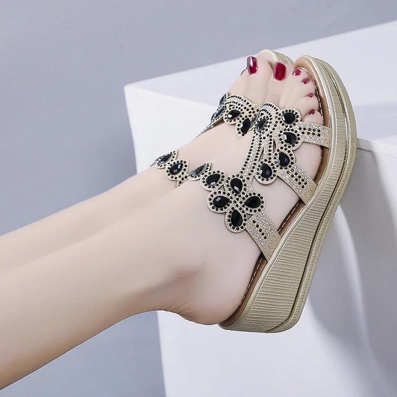 Fashion Women Sandals Summer Fashion High Heel Sandals Crystal Casual Shoes High Heels Rhinestone Thick-soled Wedge Slippers