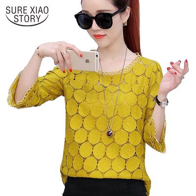 SURE XIAO STORY utsvängningsärm plus size spets damkläder topp skjorta solid ihålig skarvad blus