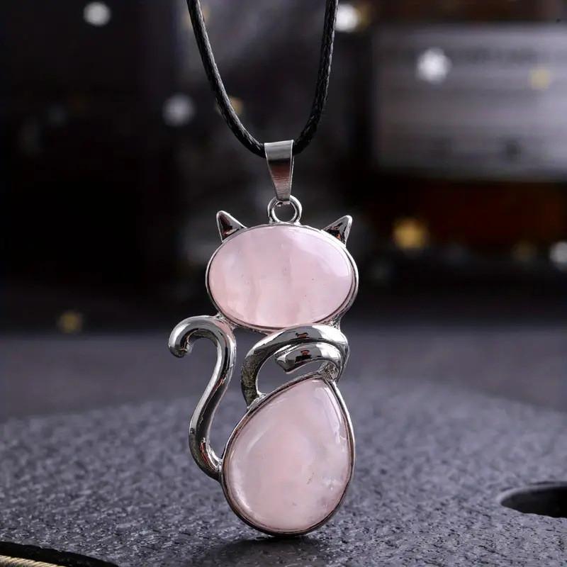 Natürlicher Kristall Katzen Anhänger Halskette Mit Amethyst Und Rosenquarz Für Einzigartigen Schmuck Geschenk