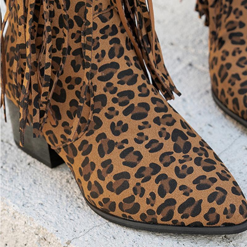 Modne Leopardowe Frędzle Western Kozaki do Kolana Kobieta Sztuczny Zamsz Kowbojskie Długie Kozaki Panie Jesień Fajne Szpiczasty Nosek Na Obcasie Chwost Nit Botas