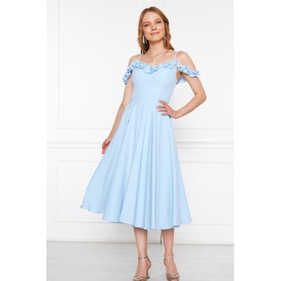 Women's Adjustable Strap Ruffle Detailed Collar Pleated Flared Midi Evening Dress