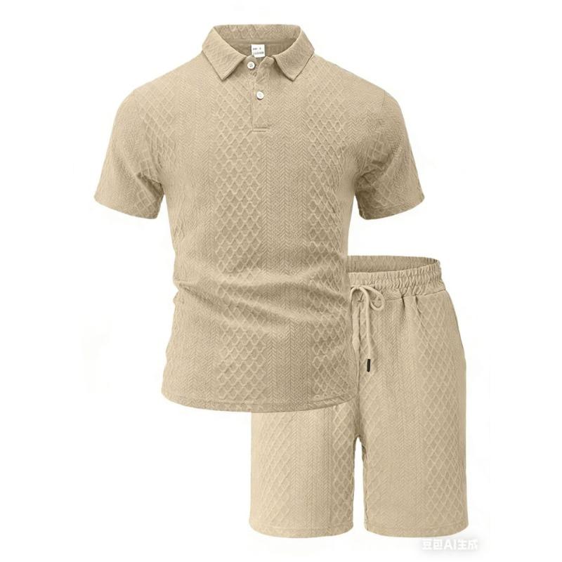 Mens Light Blue Textured Polo Shirt and Casual Shorts Set