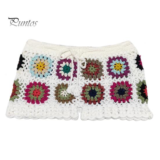 Women Crochet Beach Shorts Hollow Out Colorful Print Super Short Drawstring Elastic Waist High Waist Slim Fit Vacation Bikini Shorts