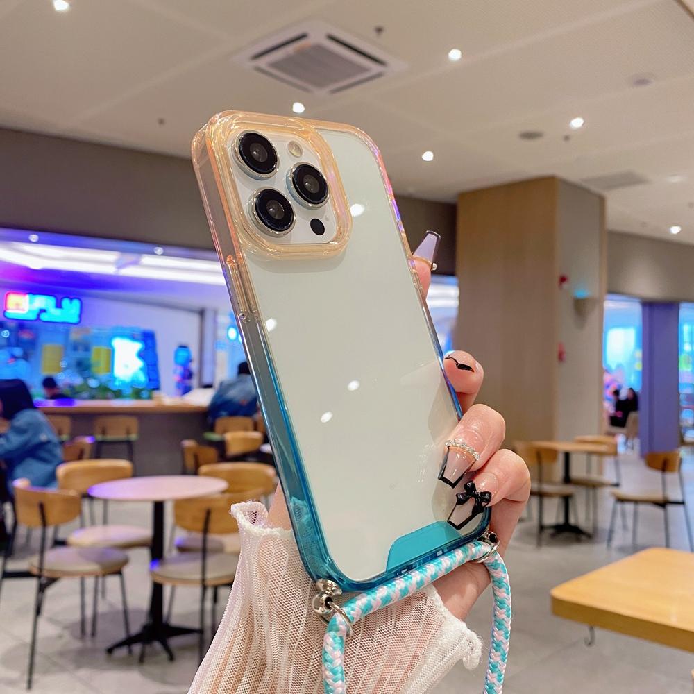 Crossbody Lanyard Gradient Clear Acrylic Case For Iphone 14 13 12 11 Pro Max Soft Tpu Edges Cover With Rope Strap Shell