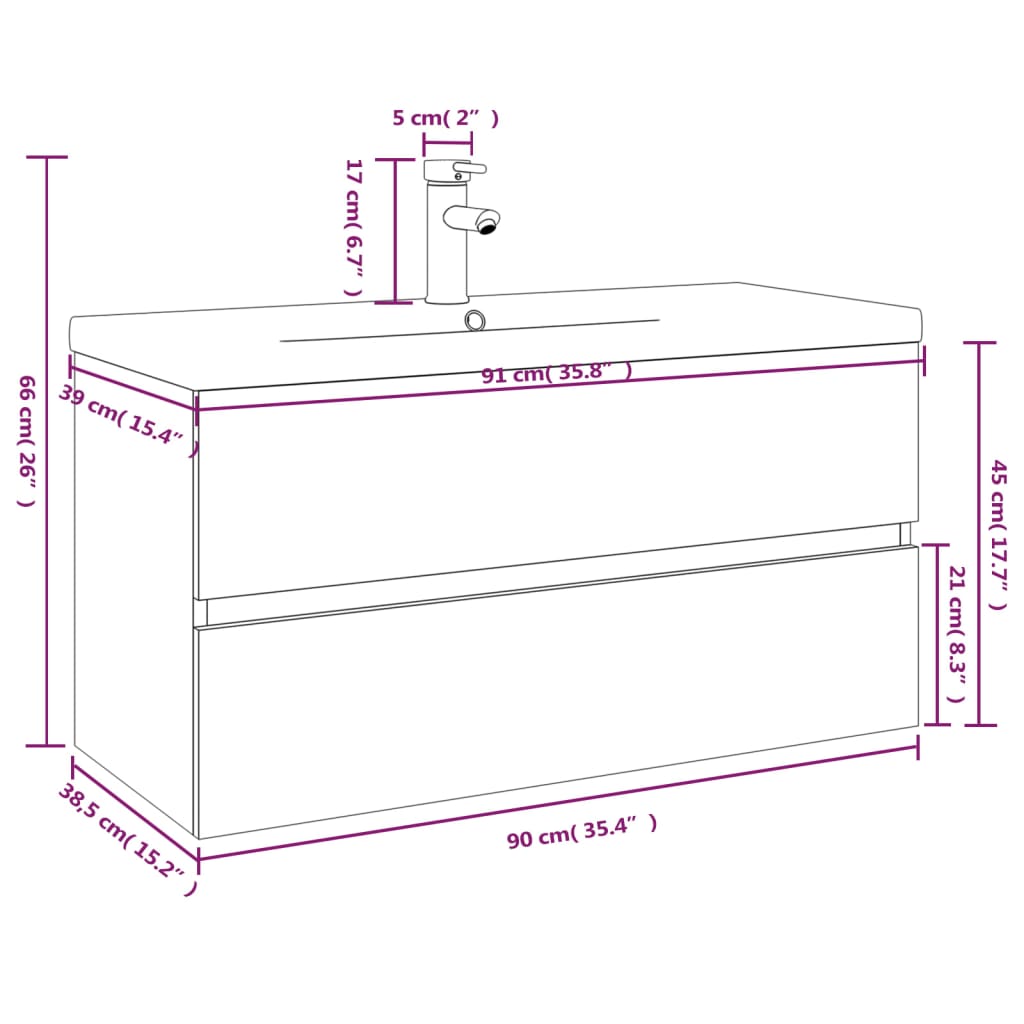 Washbasin Cabinet with Built in Basin Smoked Oak Wood Based Material