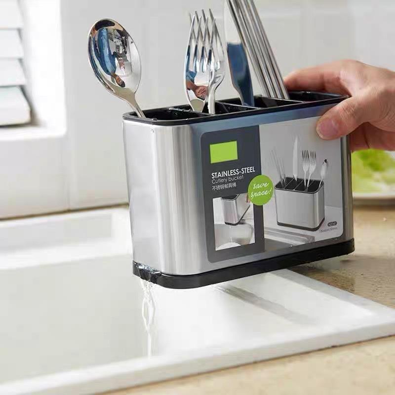 Stainless Steel Storage Basket Kitchen Utensil Holder with Drain Holes Anti-SlipWall Mount Storage for Forks Spoons