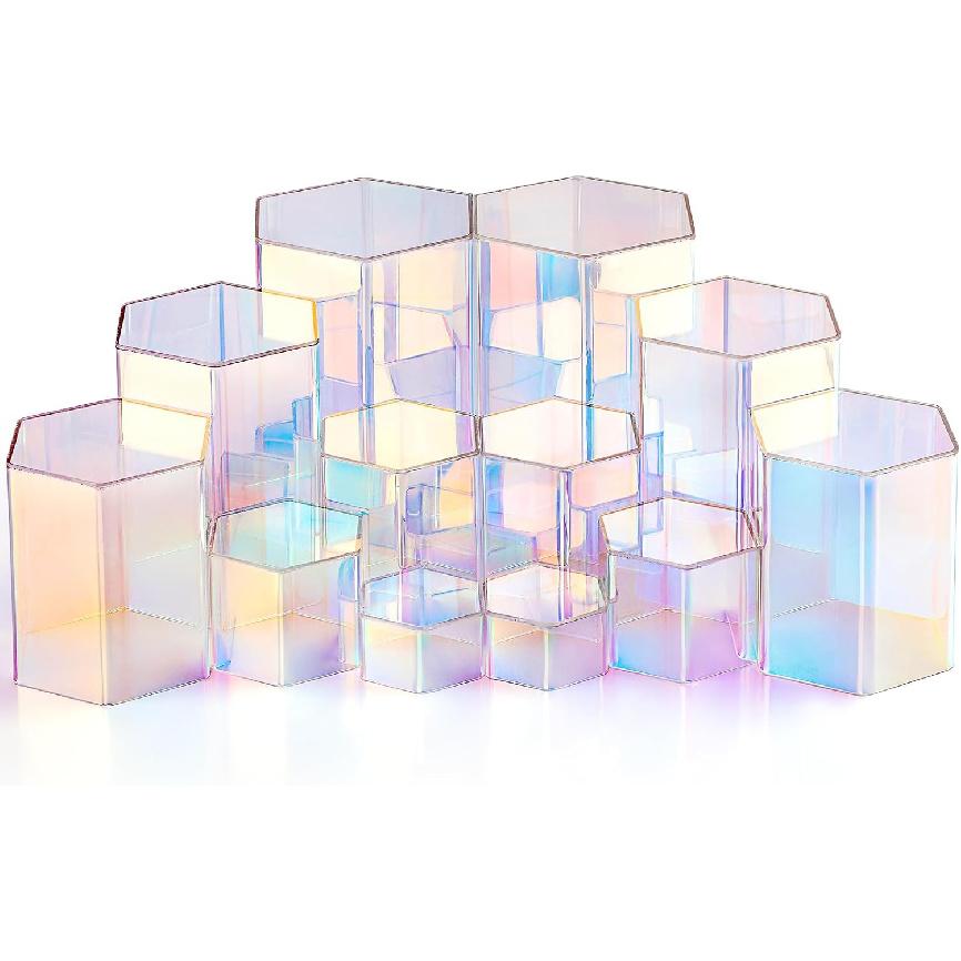 Jetec 12 Pcs Rainbow Acrylic Display Risers Hexagonal Jewelry Display Stands Acrylic Perfume Showcase Iridescent Color Hexagonal Organizer for