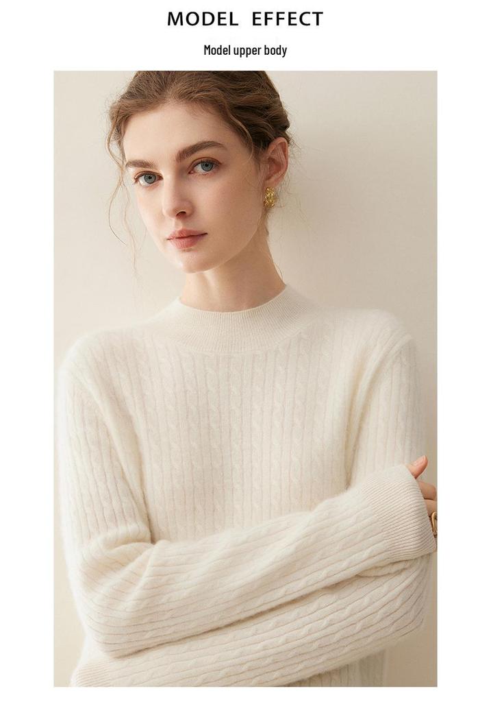 Women's Pure Cashmere Cable Knit Sweater - Autumn/Winter 2026, Half-High Neck, Loose, Slimming, Gentle Style.