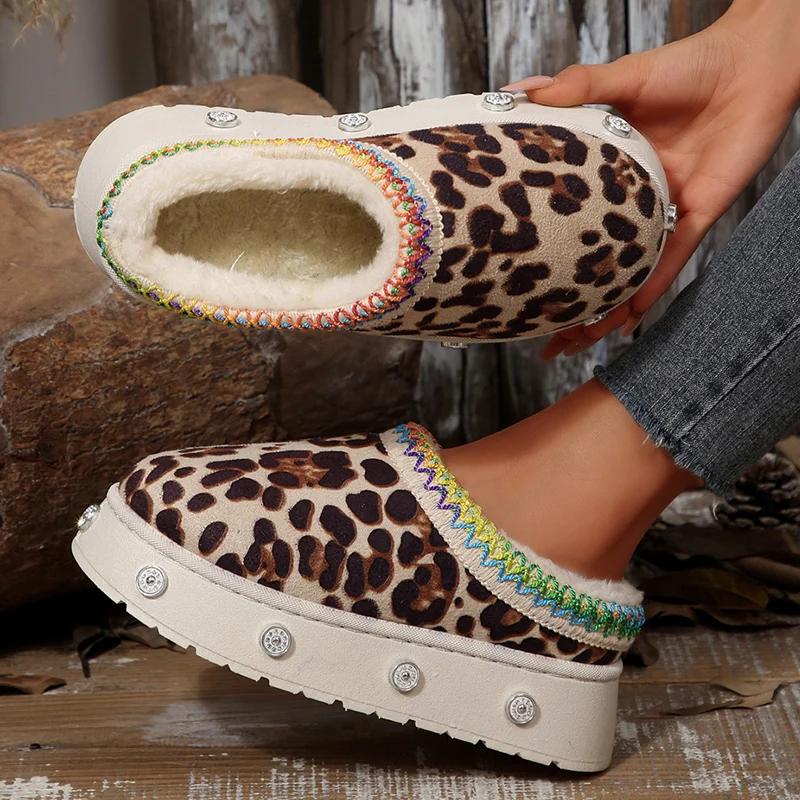 Vintage Leopard Print Women's Platform Snow Boots Anti Slip Warm Plush Ankle Boots Women Thick Sole Cotton Padded Shoes Woman