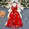 Women Dress French Retro Holiday Style Floral Printed Sexy Dresses Irregular V Neck Slim Pleated Summer