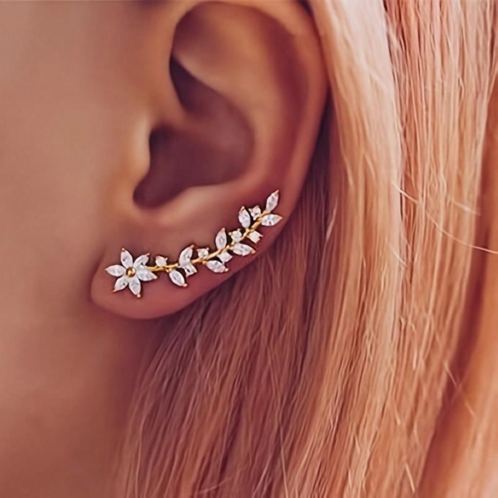 1 Pair of Ladies' Flower Leaf Pendant Earrings, Sparkling Synthetic Zircon Vine Elegant Earrings, Suitable for Weddings, Daily Wear, Birthday Gifts