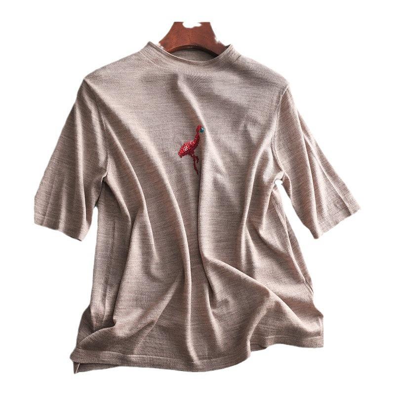 Women's Half High Neck Knitted Sweater Short Sleeved T-shirt Top