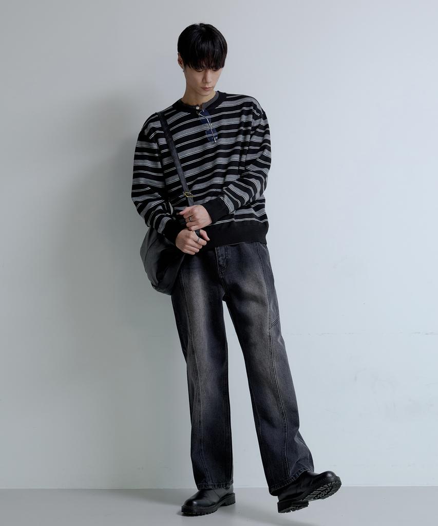 NODU Adn Daily Semi-Wide Cut-Out Washed Denim Jeans [Black]