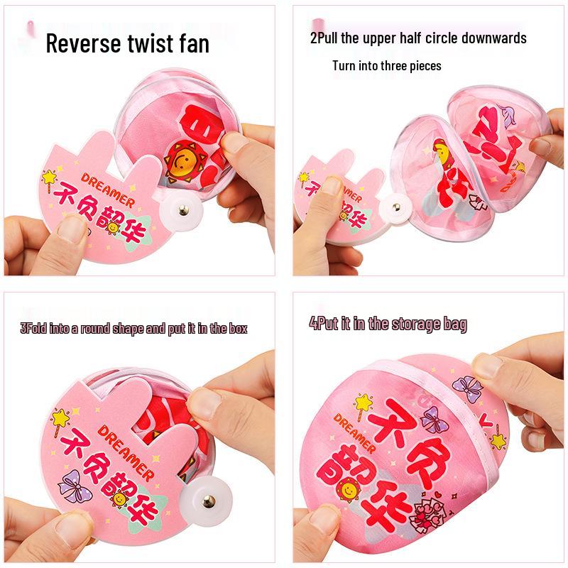 Reflective Mini Folding Fan: Portable Cartoon Design with Cloth Surface for Students and Outdoor Use.