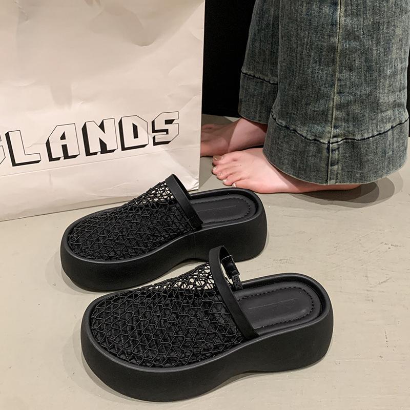 2025 letní pantofle s poloviční patou, silnou podrážkou, šněrováním, duté, prodyšné síťované boty, univerzální k sukním a sandálům