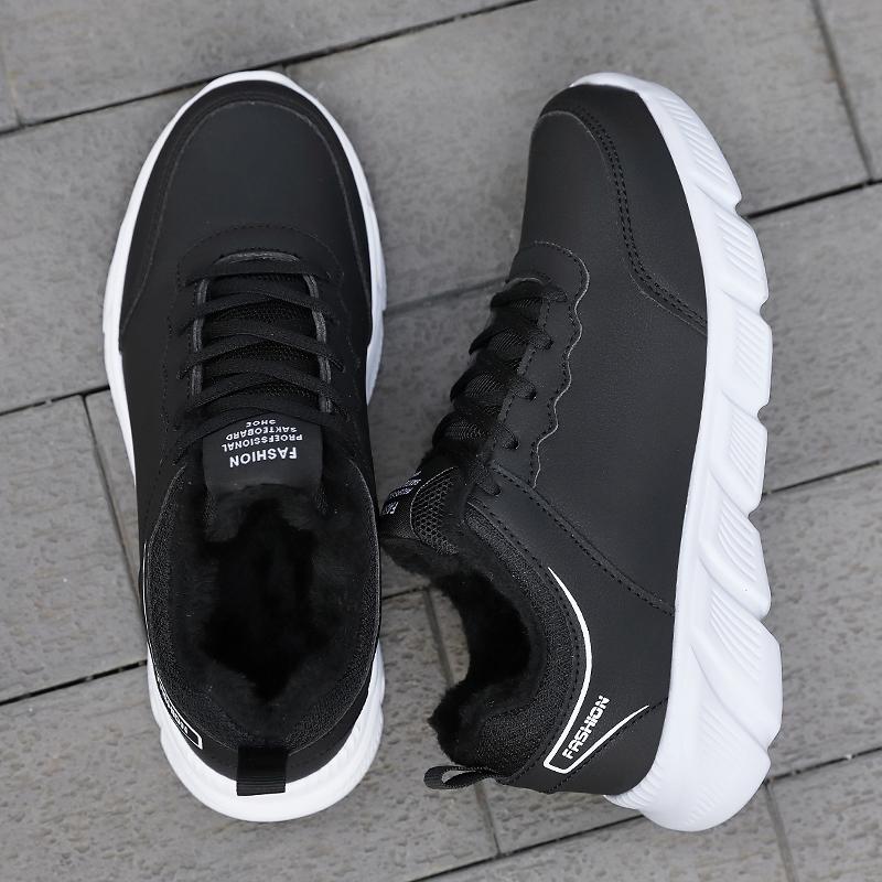 Women Running Shoes PU Leather Lace-up Men Warm Light Walking Sneaker Fitness Sport Flats Comfortable Black Size 35-45 Loafers