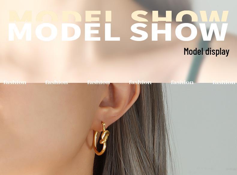 Hong Kong Style 18K Gold-Plated Titanium Slimming Knotted Hoop Earrings for Women