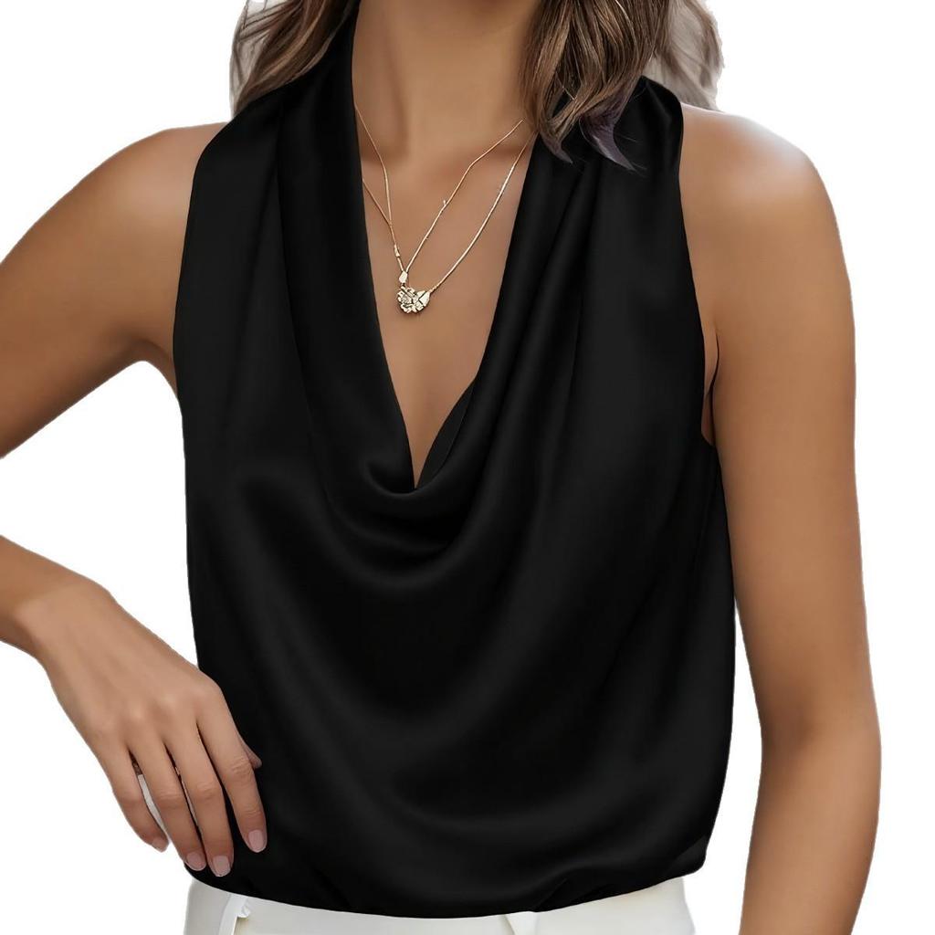 Europese & Amerikaanse Dames Satin Zijde Geplooide Mouwloze Top voor Herfst