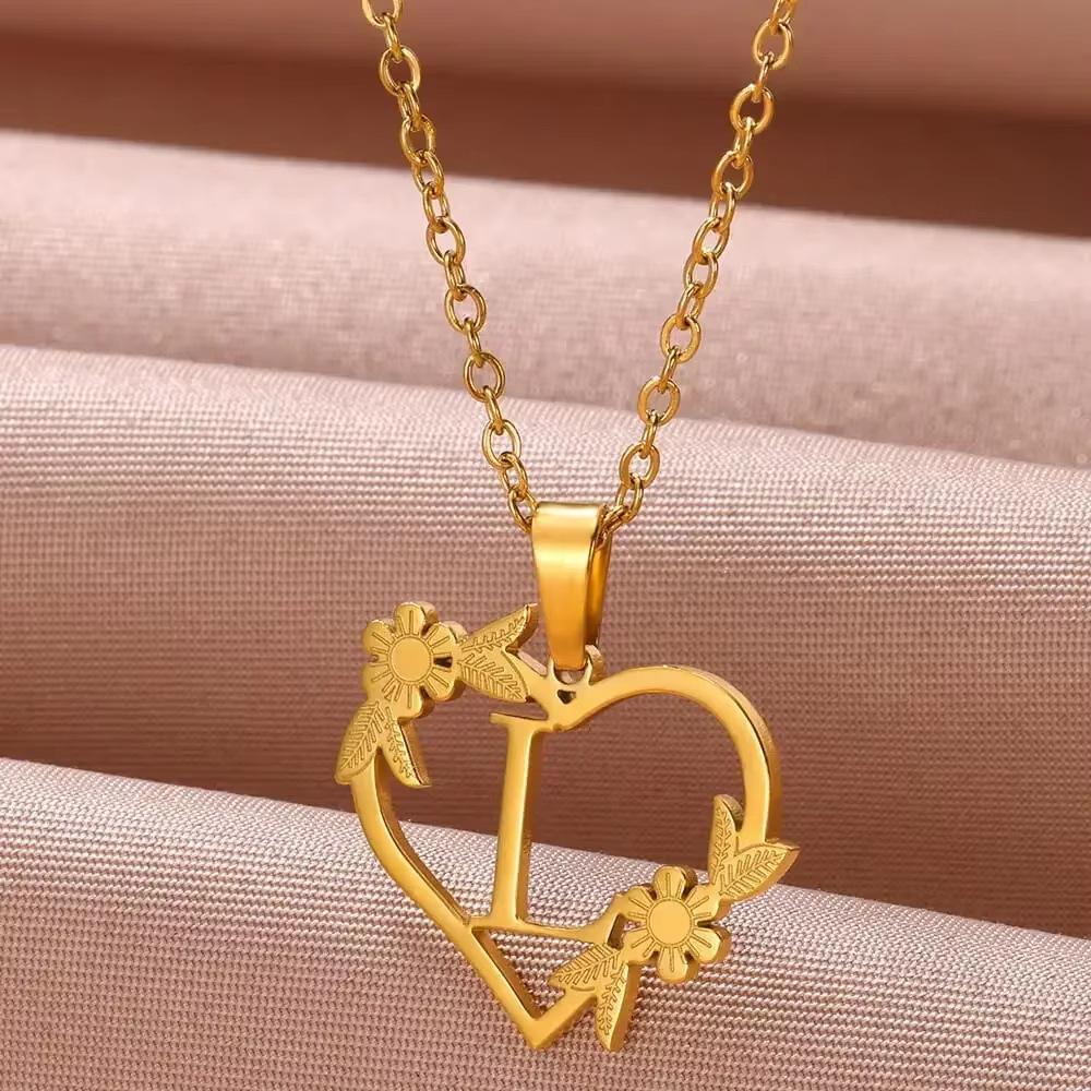 New English Alphabet Heart Pendant Gold Flower Premium Titanium Steel Gold Plated Necklace Clavicle Chain Fresh Woman
