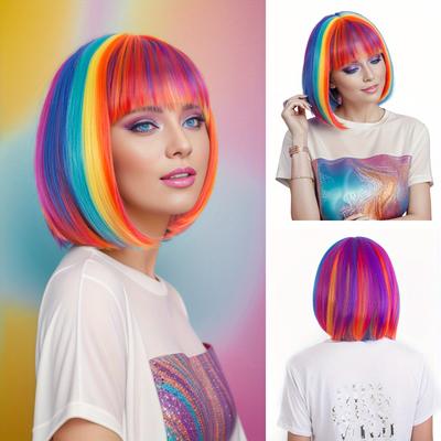 Peluca Arcoíris Multicolor Peluca Bob Corta con Flequillo Peluca Sintética Recta para Cosplay para Mujeres Niñas