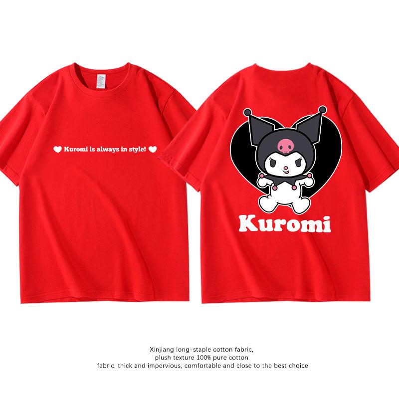 New Summer Pure Cotton Childrens Tshirt Kuromi Fashion Doublesided Printed Parentchild Outfit Round Neck Short Sleeved Shirt