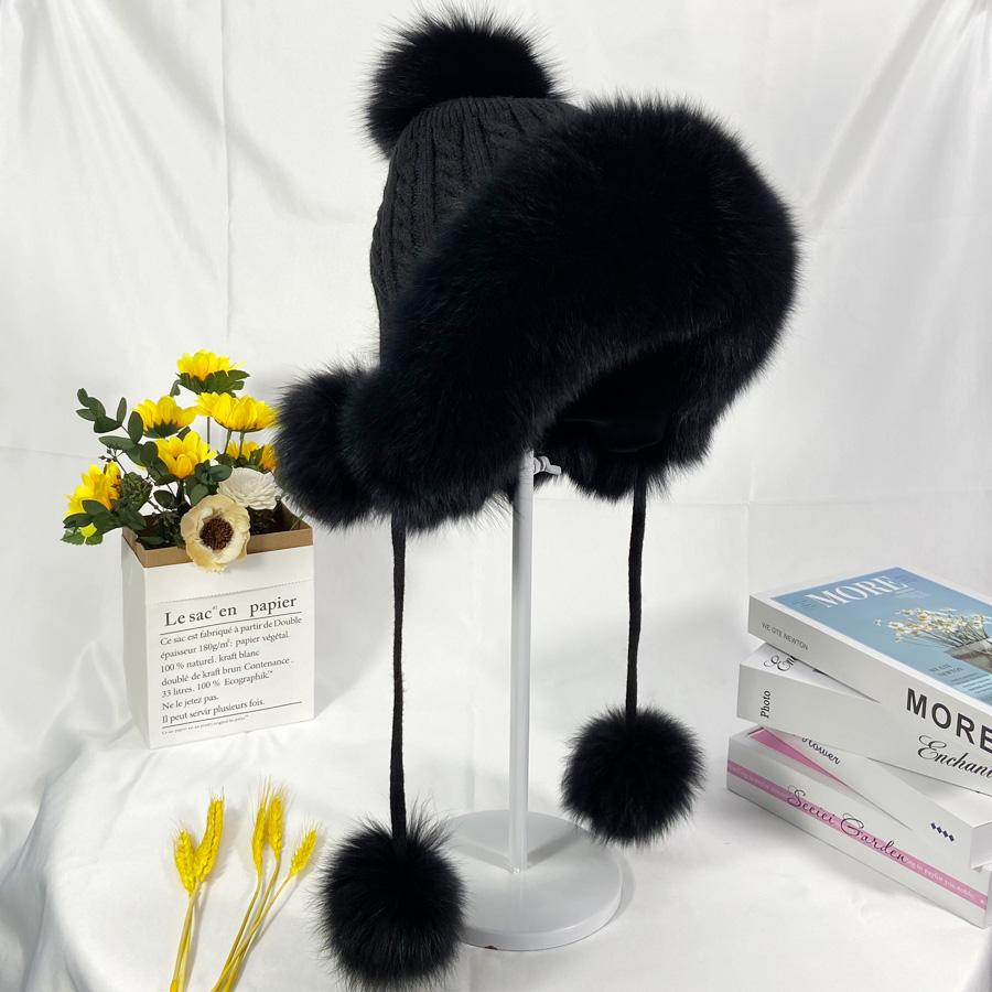 Winter Hats Women Natural Fox Fur Fuffy Warm Fashion Stylish Knitted Pompom Girls Fur Hat