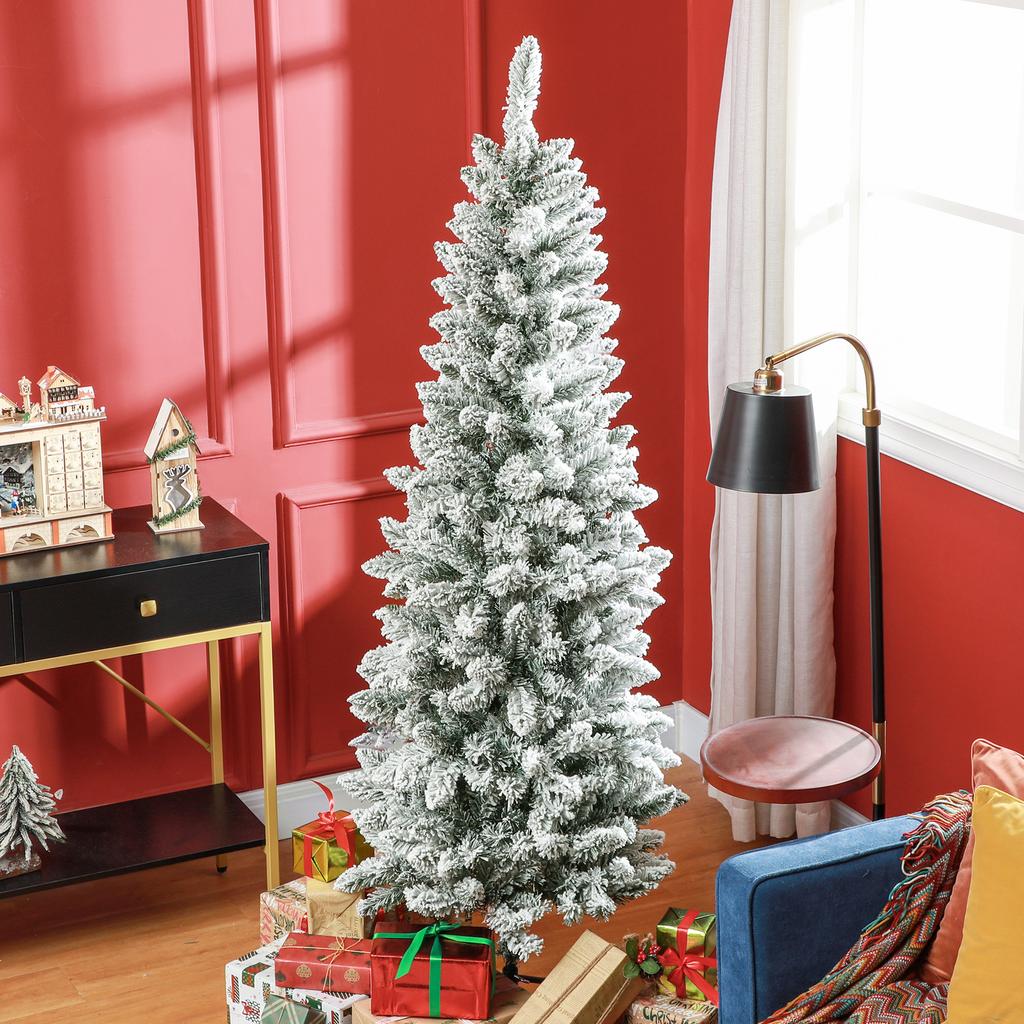 Snowy Artificial Christmas Tree 183cm with 479 Branches and Metal Stand, Green Christmas Tree for Indoor Living Room