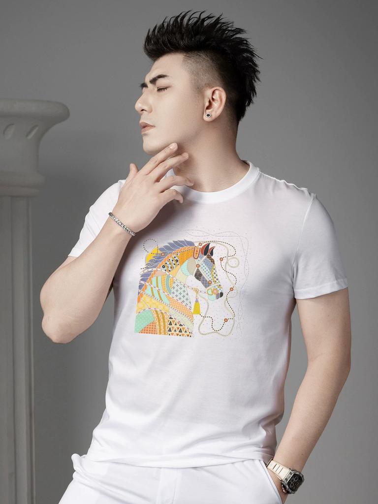 European Station 2025 Summer New Men's Round Neck Cartoon Print Short Sleeve T-Shirt Trendy Casual Half-Sleeve Top for Men