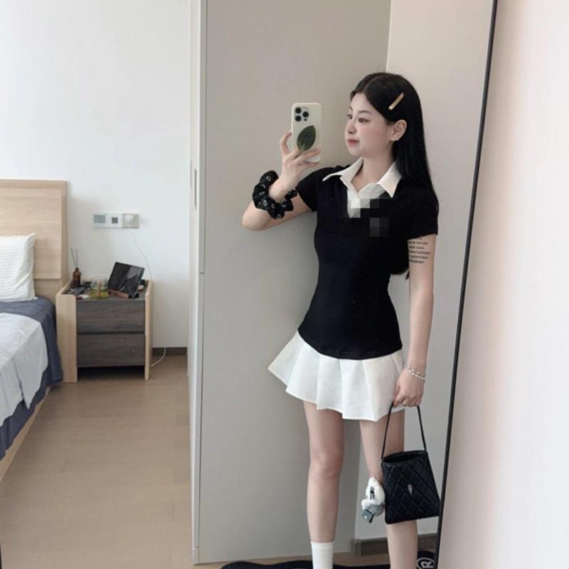 - Korean college style fake two-piece Polo collar dress summer American sweet and spicy waist and thin pleated short skirt
