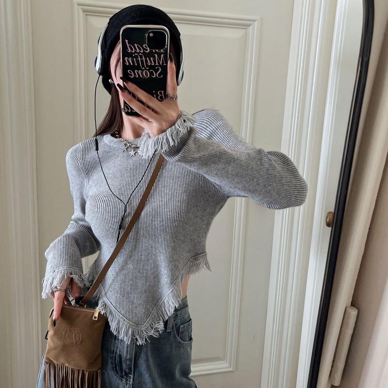 Tassel T Shirt Korean Style Solid Color Crop Top Autumn Long Sleeve Tees Slim Fashion Tshirts Femme O-neck Clothes Japanese