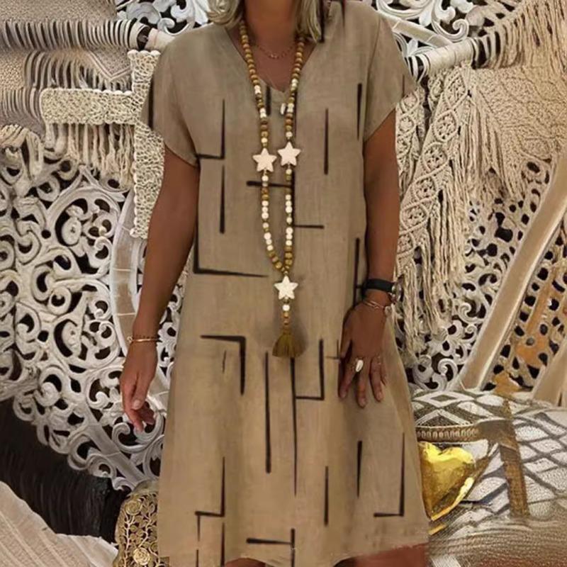 Spring Oversize  Print V-neck Short Sleeve Loose  Dresses Summer Elegant Casual Trendy Lady Clothes