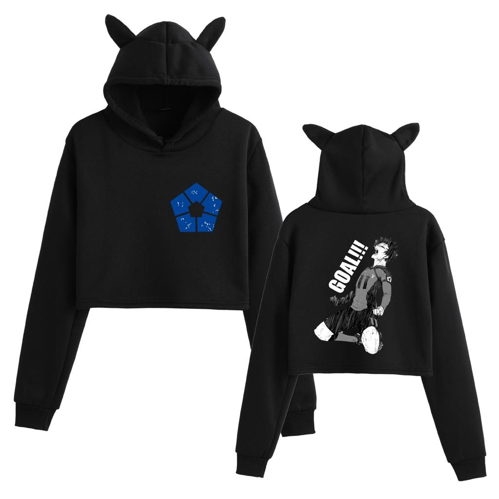Niche Blue Cat Ear Cropped Hoodie - Women's European & American Style, Loose Fit, Plus Velvet