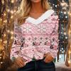 Women's Long Sleeve Christmas Print V-Neck Top with Plush Collar