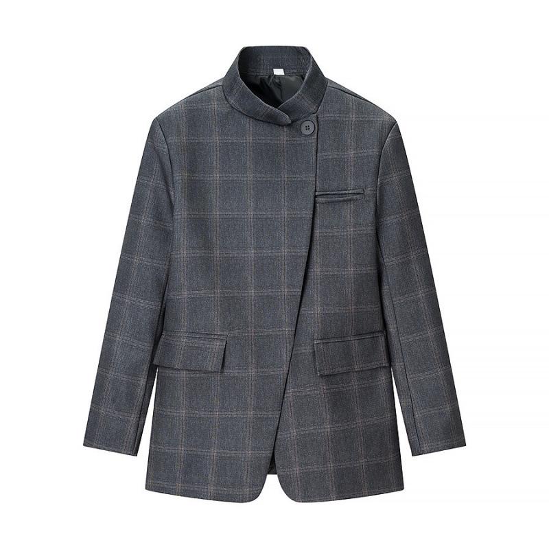 

2026 Spring European & American Style Plaid Jacket with Cross & Stand-up Collar Small