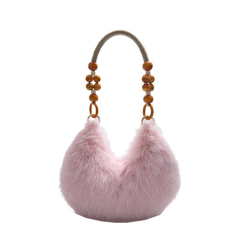 Autumn and Winter New Wooden Bead Portable Plush Shoulder Bag Handbag Texture Fashion Bag Female Sweet Cute Armpit Bag