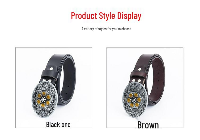 Black Cowhide Leather Belt with Bullet Pattern and Rotatable Buckle for Autumn/Winter