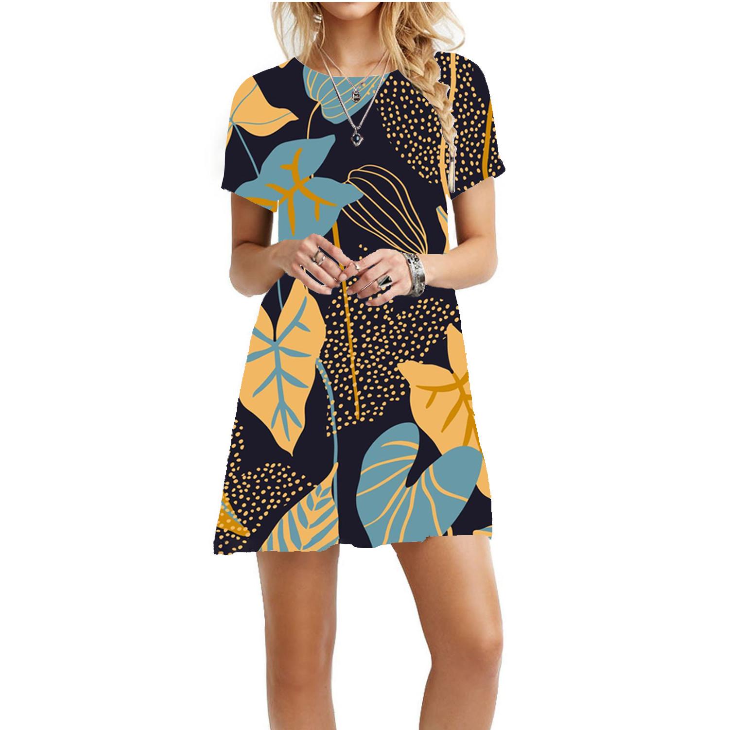 

Женское летнее платье, платье-футболка, пляжное платье с коротким рукавом, повседневное платье, струящееся свободное платье длиной до колена с коротким рукавом XL жёлтый